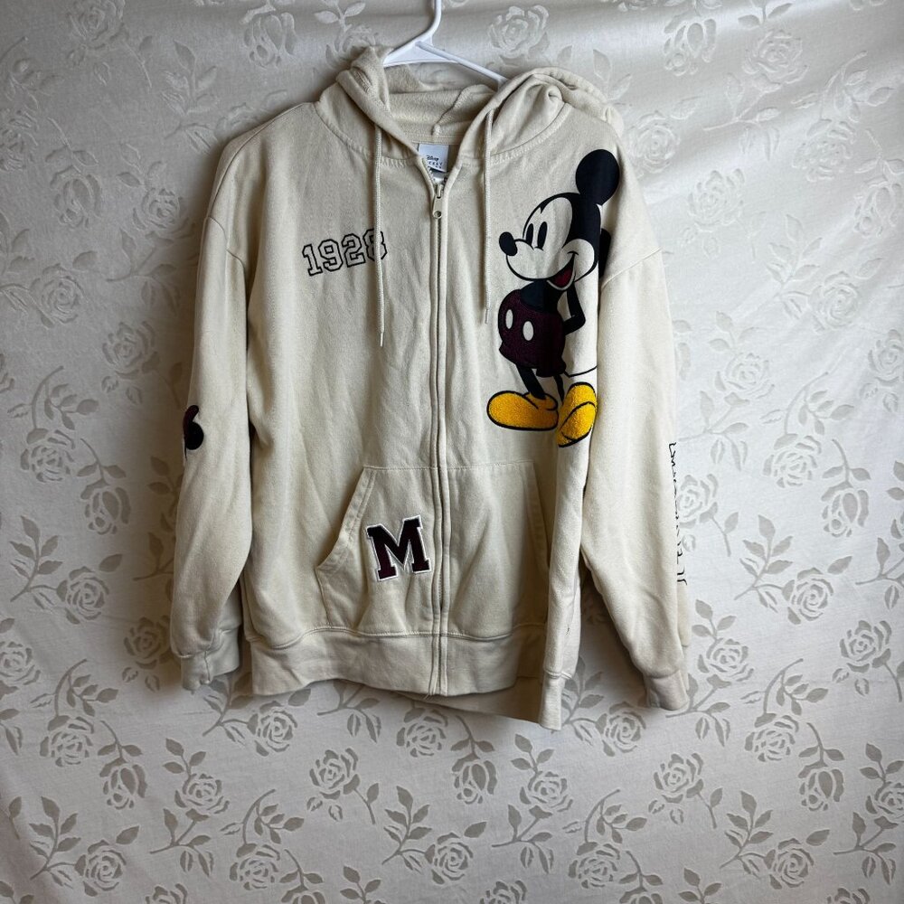 Disney Mickey Mouse Ivory Zip-Up Hoodie XL 1928 Graphic Fleece Cotton Blend